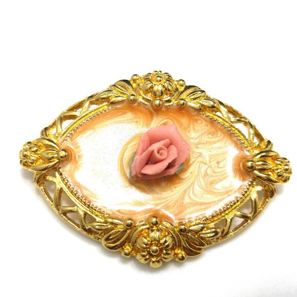Vintage 1928 Style Brooch & Earrings, Pink Porcelain Roses, Peach Enamel, 1980s - Picture 3 of 10